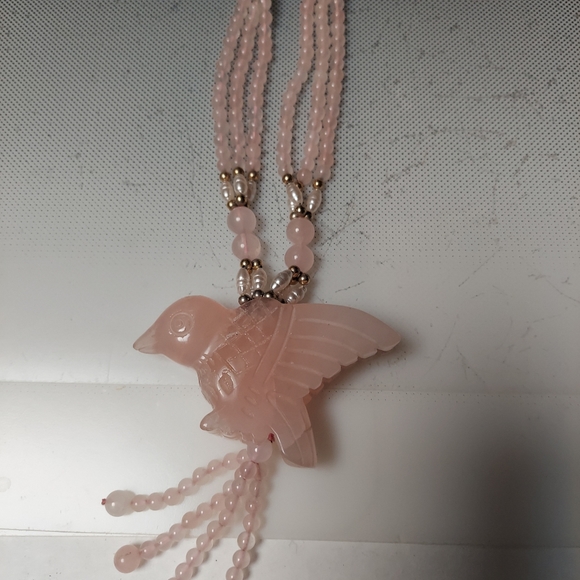 ROSE QUARTZ MCM BEAD NECKLACE BIRD PENDANT 70S - Picture 2 of 4